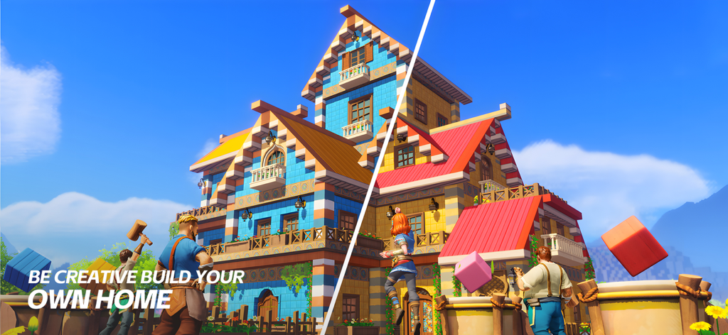 Lightus - Characters building a large colorful custom mansion in the Lightus sandbox game