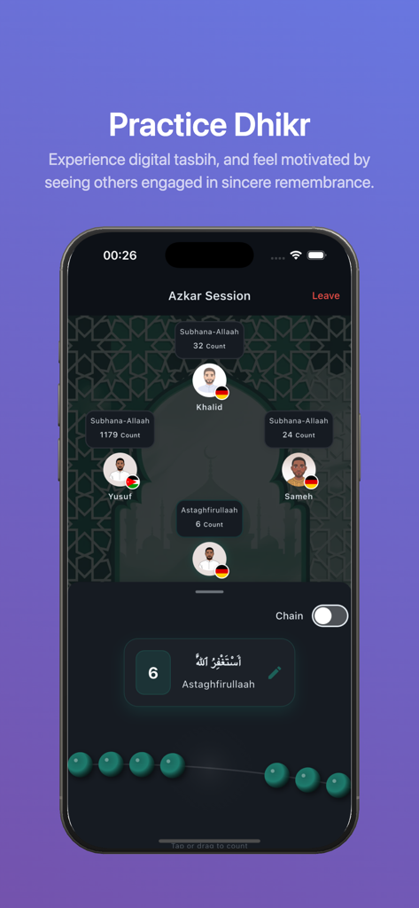 Halaqa: Quran & Dhikr Together - Halaqa app screen showing a group Dhikr session with user avatars and a digital tasbih counter