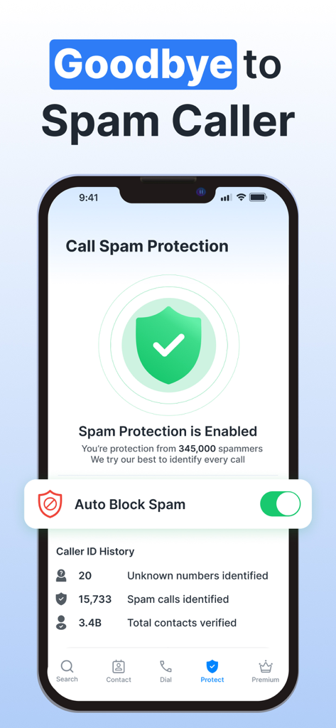 Show Caller ID & Spam Blocker - Interfaz de la aplicación Show Caller ID mostrando la protección contra spam habilitada y el interruptor de bloqueo automático de spam