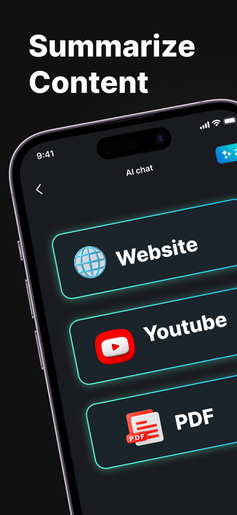 IA Chatbot Assistant - GemAI - GemAI App-Bildschirm mit Optionen zur Zusammenfassung von Inhalten von Websites, YouTube und PDF-Dateien