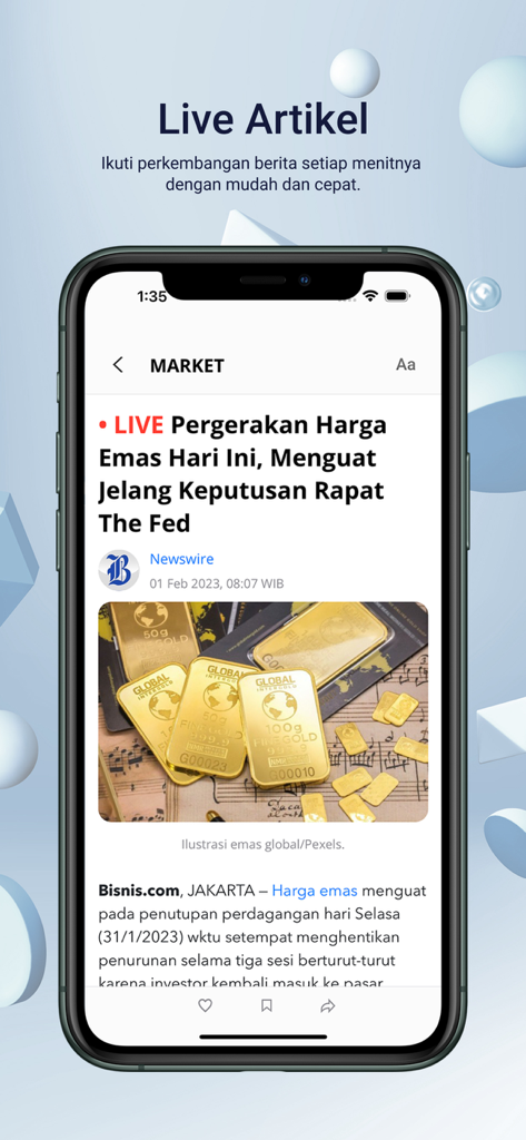 Screenshot of Bisnis.com app showing a live financial news article about gold price movements on a mobile device.