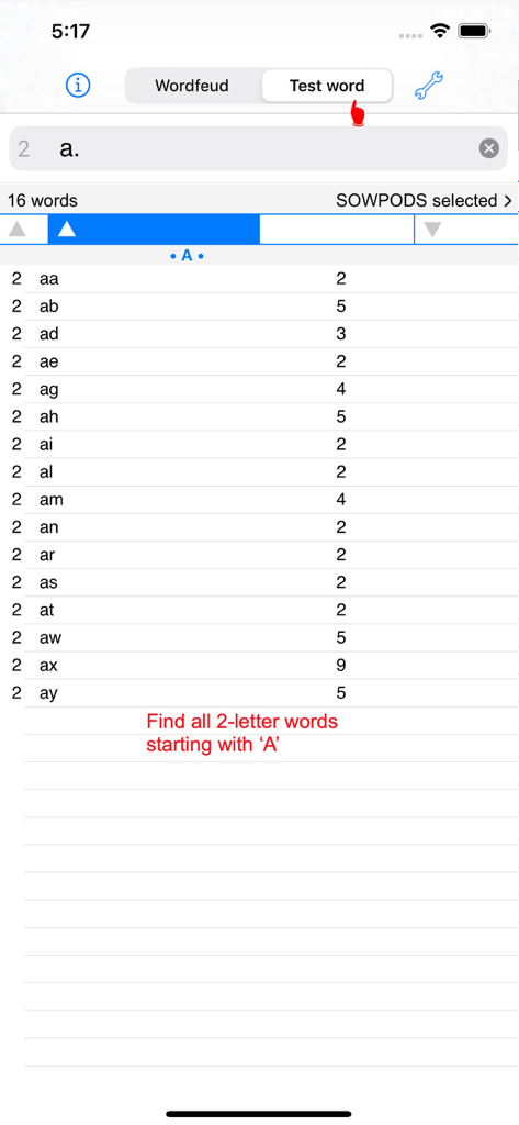 Words Finder Wordfeud/SOWPODS - Words Finder app showing a list of two-letter words starting with A for Wordfeud and SOWPODS