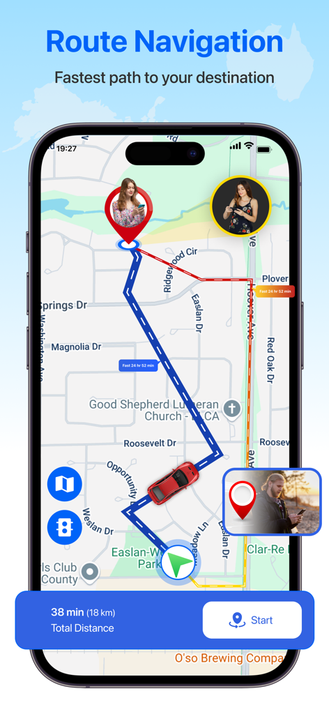 GPS Maps & Voice Navigation - A smartphone screen showing a blue driving route on a map with a red car icon and ETA information.
