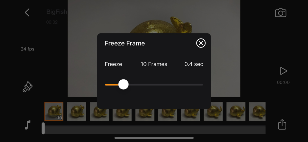 Editing a freeze frame duration in the Stop Motion Plus app timeline.