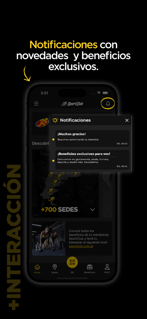 SportClub - SportClub app interface showing news and exclusive member benefits notifications