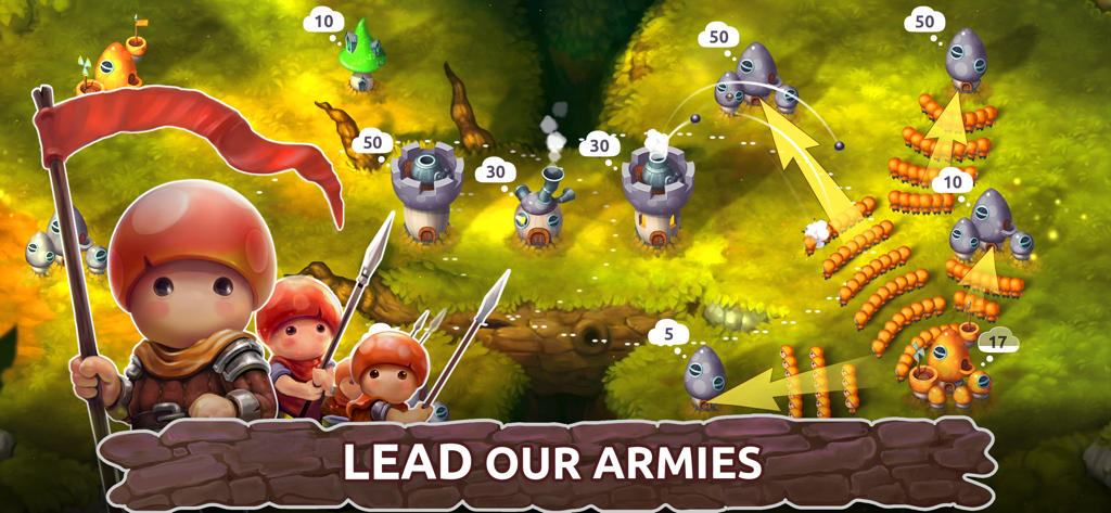 Mushroom generals leading armies to capture enemy towers in a real-time strategy battle