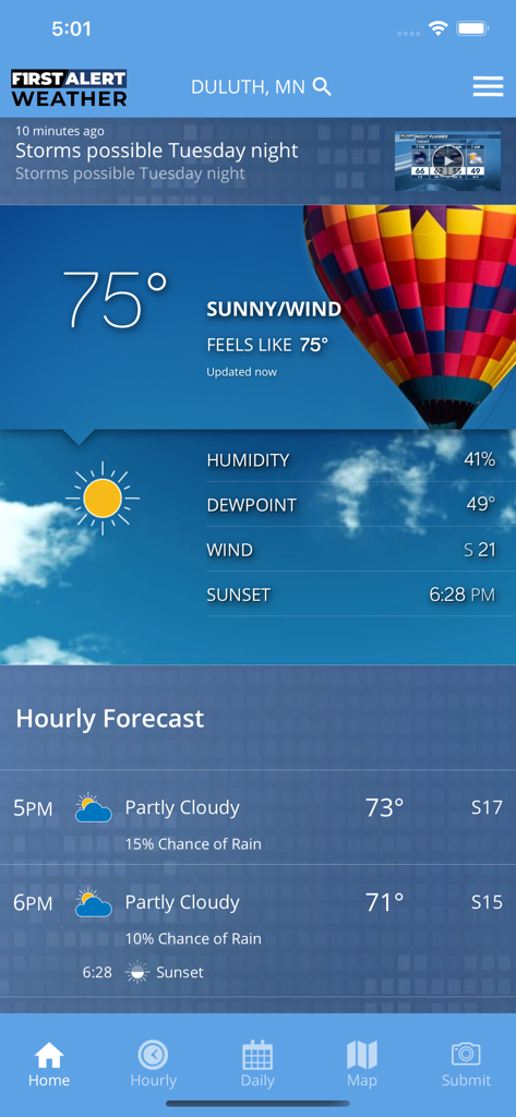 Northern News Now First Alert - Northern News Now First Alert Weather app displaying current temperature and hourly forecast for Duluth