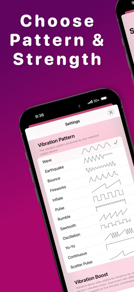 Un écran de smartphone affichant diverses options de motifs de vibration dans les paramètres de l'application iMassage U.