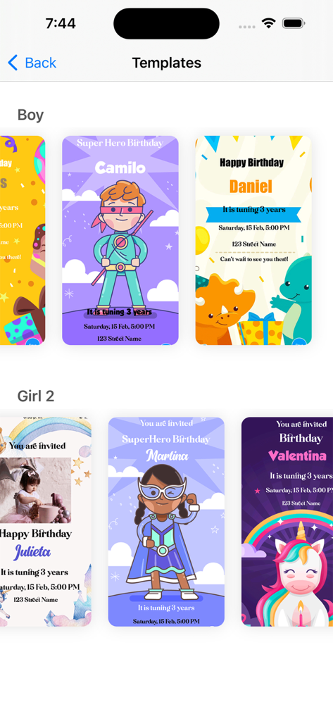 Birthday invitation maker . - A gallery of birthday invitation templates for boys and girls featuring superhero dinosaur and unicorn themes