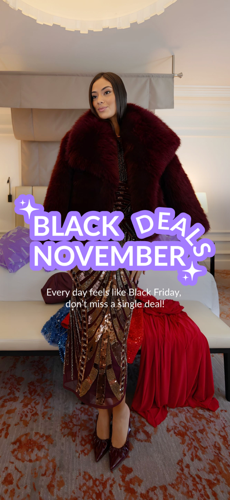 A woman in a burgundy faux fur coat and sequin dress for the VogaCloset Black Deals November sale.