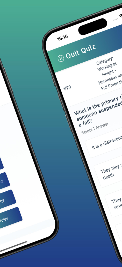 Tela de exame simulado no aplicativo CSCS MAP mostrando uma pergunta sobre segurança em trabalhos em altura.