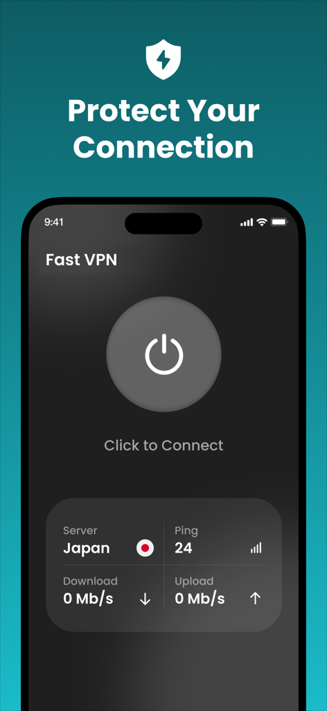 Screenshot of Fast VPN 360 app showing a one-tap connect button and Japan server location