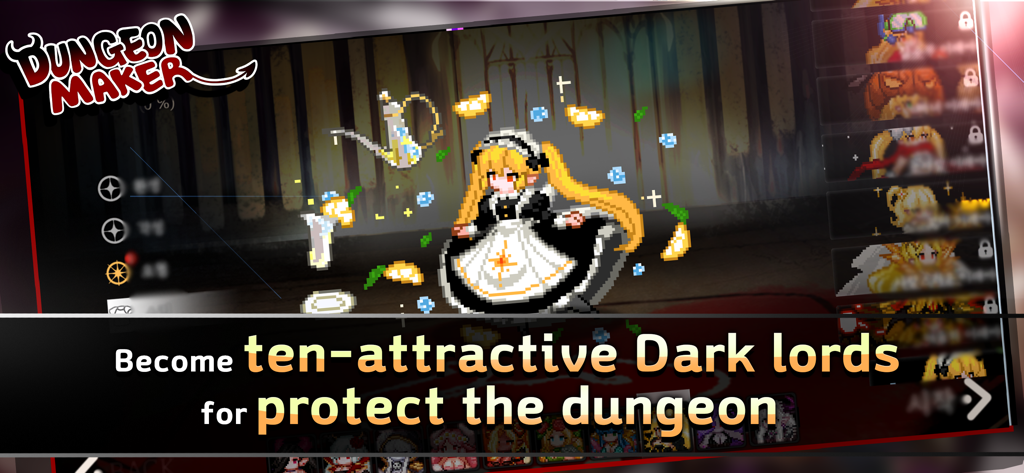 Dungeon Maker Dark Lord gameplay screenshot featuring a pixel art anime character and character selection menu
