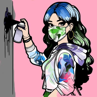 realistic girl with mask spray painting a wall