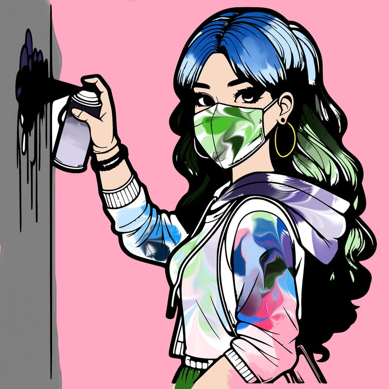 realistic girl with mask spray painting a wall
