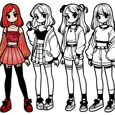 one girl with crop-top shirt and a jacket with a skirt, long socks and another girl with a shirt and pants with a jacket