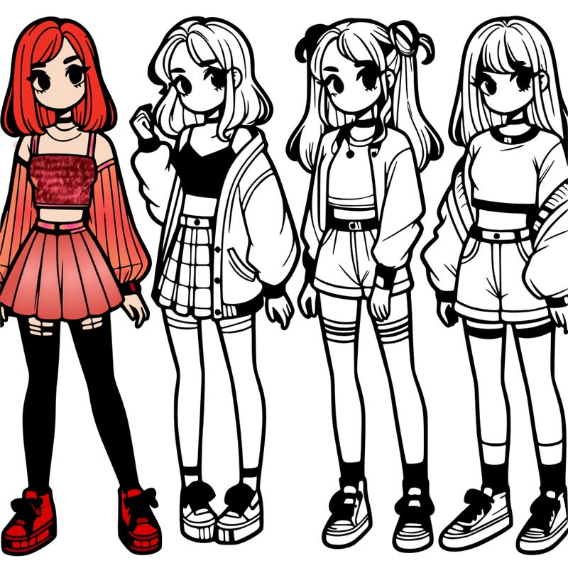 one girl with crop-top shirt and a jacket with a skirt, long socks and another girl with a shirt and pants with a jacket