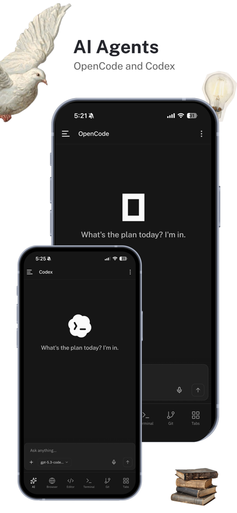 Lunel - Interface of the Lunel mobile app featuring AI agents OpenCode and Codex for remote coding assistance.