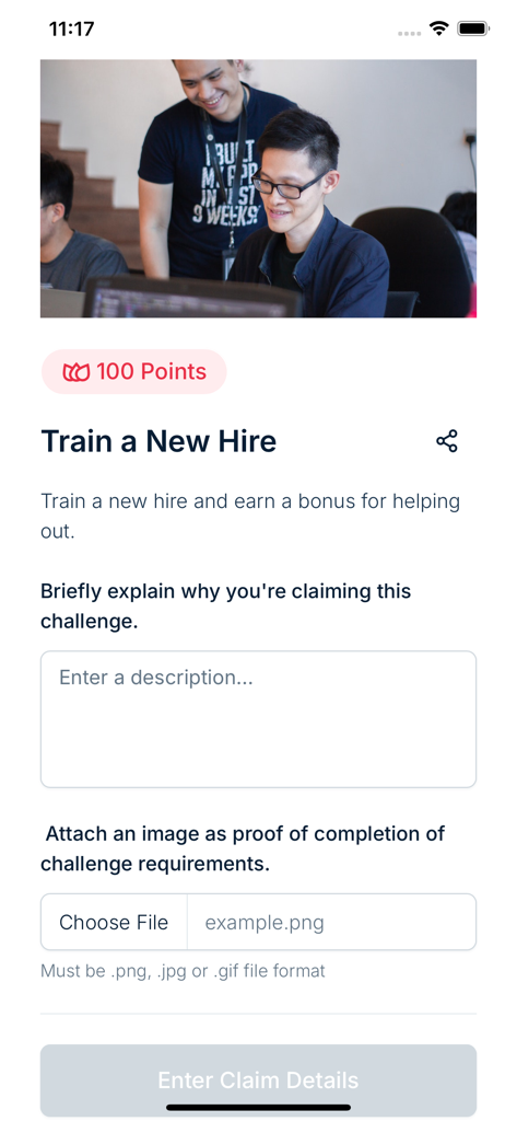 Nectar - Employee Recognition - A challenge screen in the Nectar app for training a new employee to earn points