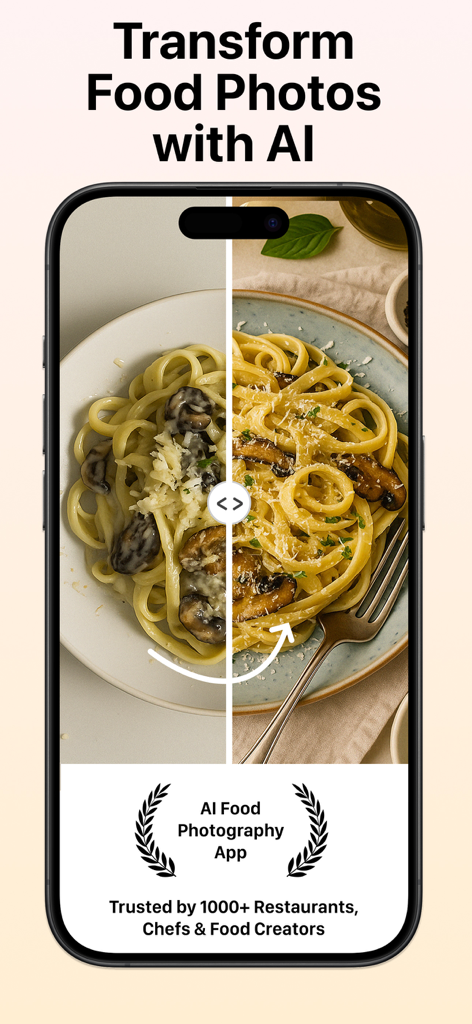Before and after comparison of a mushroom pasta dish using FoodShot AI app