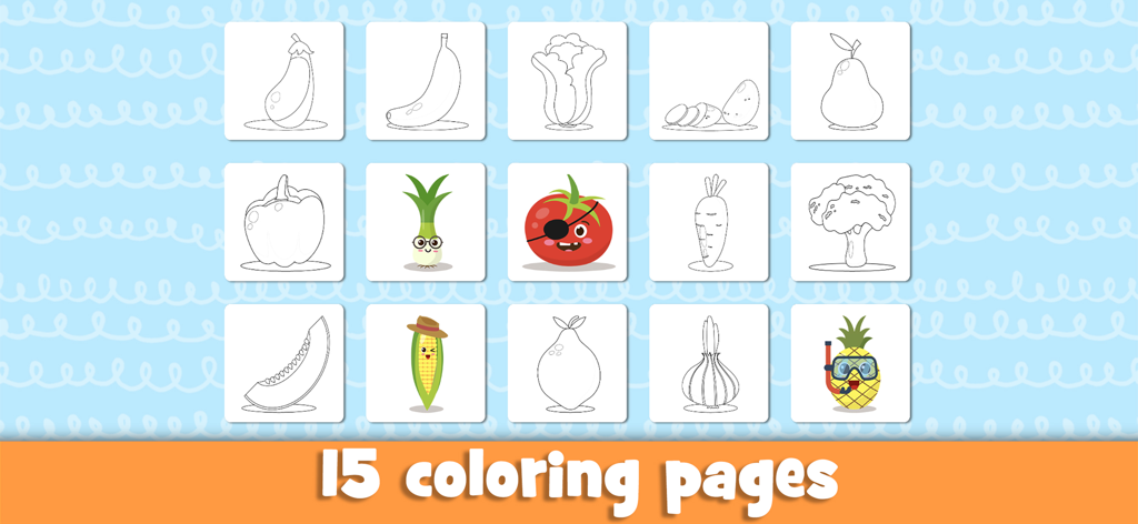 Un menú que muestra quince páginas para colorear de frutas y verduras para niños.