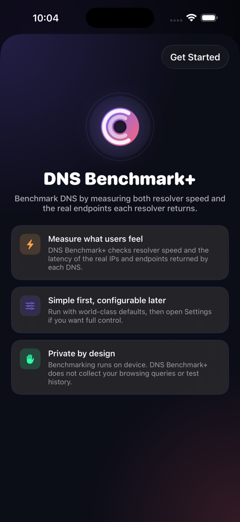 DNS Benchmark+ - Introductory screen of the DNS Benchmark Plus app highlighting features like endpoint measurement and privacy by design