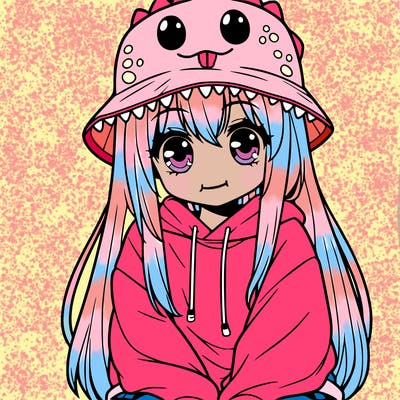 girl with anime shaped eyes with a dinosaur bucket hat oversized sweatshirt long straight hair