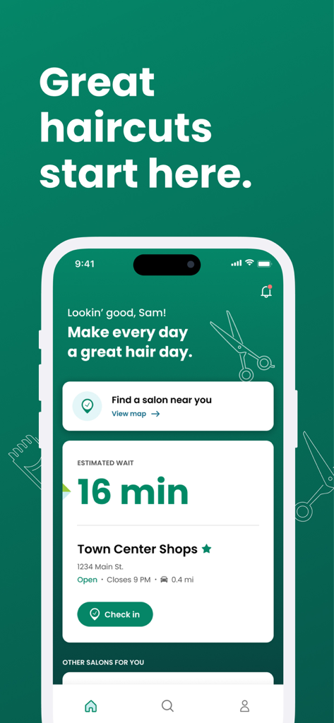 Mobile screen of the Great Clips app showing an estimated wait time and a check-in button for a local salon.