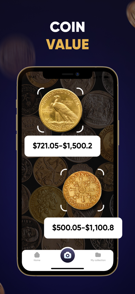 Coin Identifier - CoinScan - A mobile interface of the CoinScan app displaying estimated market values for two rare gold coins using AI identification.