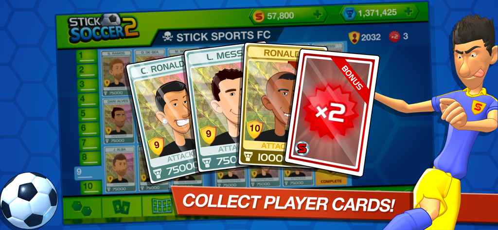 Stick Soccer 2 - Stick Soccer 2 game screen showcasing collectible player cards for legendary soccer stars