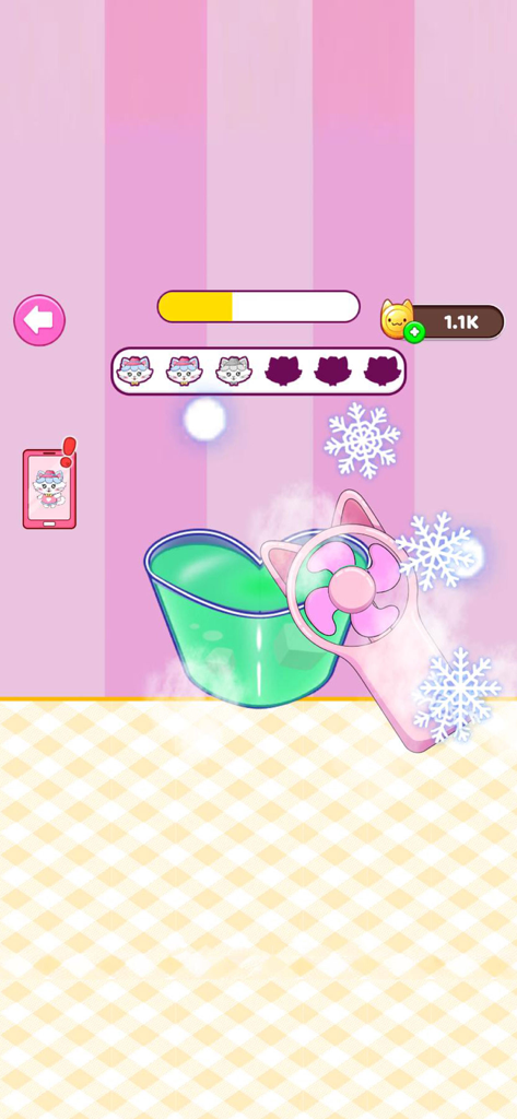 Jelly Yum Run Eating ASMR Game - ゲームプレイ中、ハート型のボウルで緑色のゼリーを冷やしているピンクの猫ファンのファン