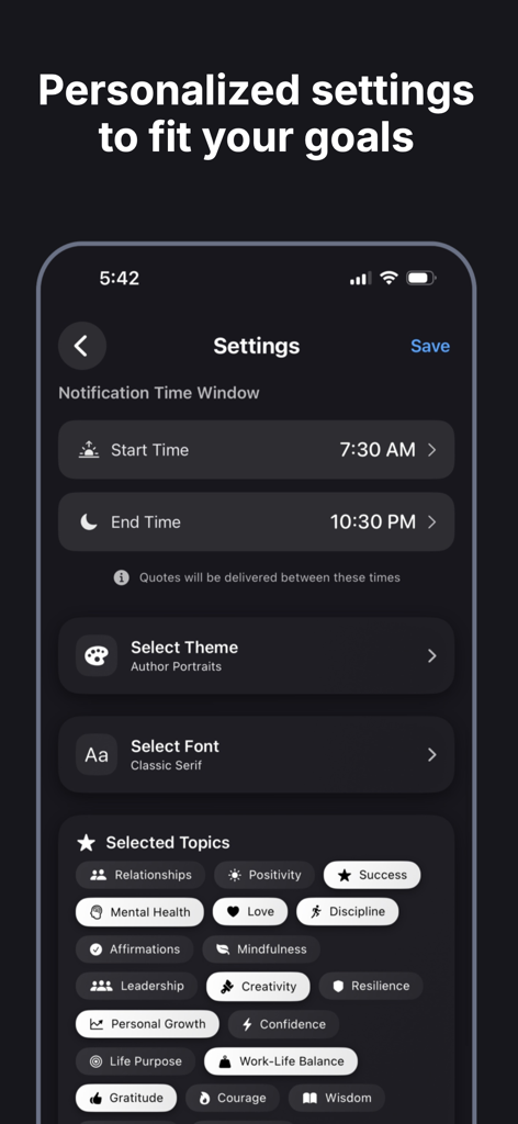 Rize Daily Motivation - Settings screen in Rize app for customizing notification times and choosing motivational topics like success and mental health