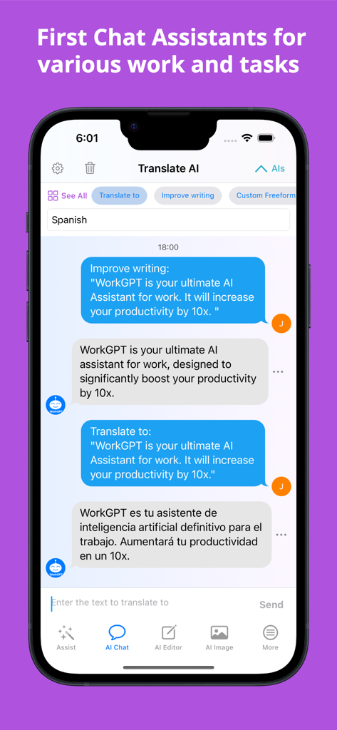 WorkGPT AI Copilot - WorkGPT app interface displaying AI chat for writing improvement and Spanish translation