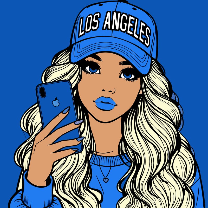 realistic beautiful girl wearing los ángeles cap holding an iphone