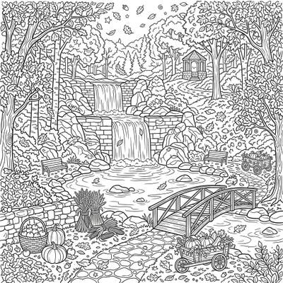 Step into a picturesque autumn landscape featuring stunning man-made waterfalls, surrounded by the rich bounty of fall. This detailed coloring page invites you to bring the vibrant colors of harvest season to life.