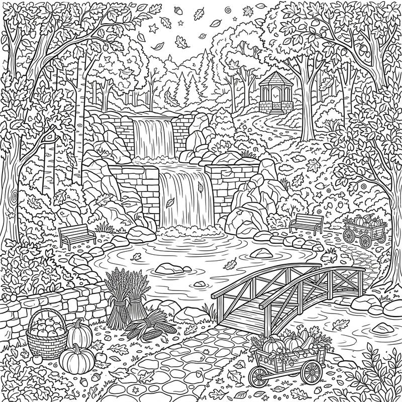 Step into a picturesque autumn landscape featuring stunning man-made waterfalls, surrounded by the rich bounty of fall. This detailed coloring page invites you to bring the vibrant colors of harvest season to life.