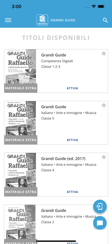 A list of available digital textbook guides for different school levels within the Raffaello Player educational app interface.