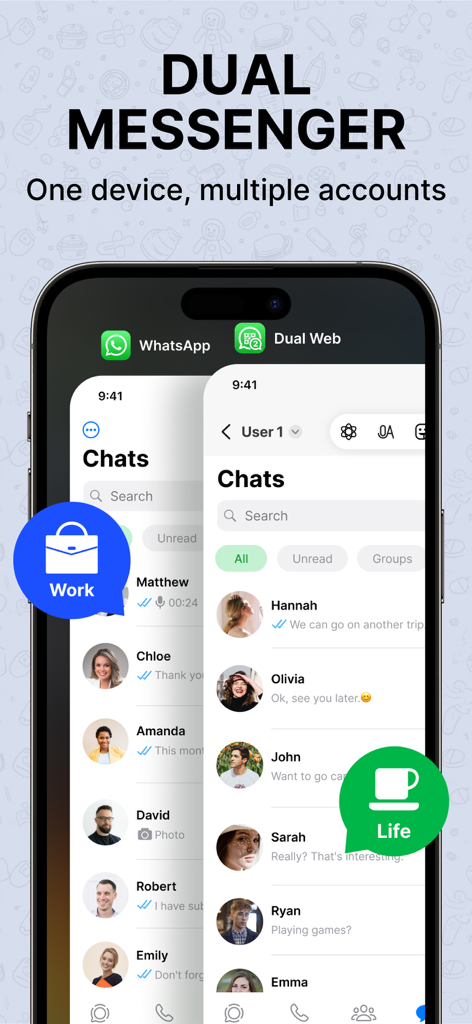Dual Web Chat WAPP - Pantalla de Dual Messenger mostrando cuentas de mensajería separadas de trabajo y vida personal en un dispositivo