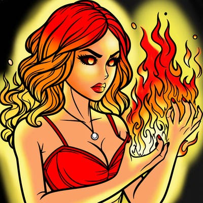 a realistic woman having the power of fire