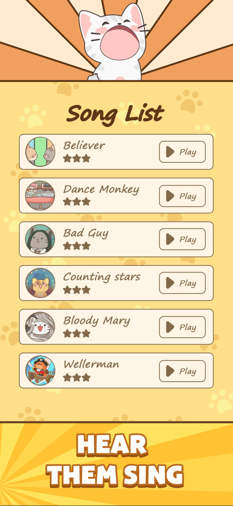 Duet Cats: Rhythm Meow Game - Menu de seleção de músicas no jogo Duet Cats com versões meow de sucessos populares como Believer e Dance Monkey.