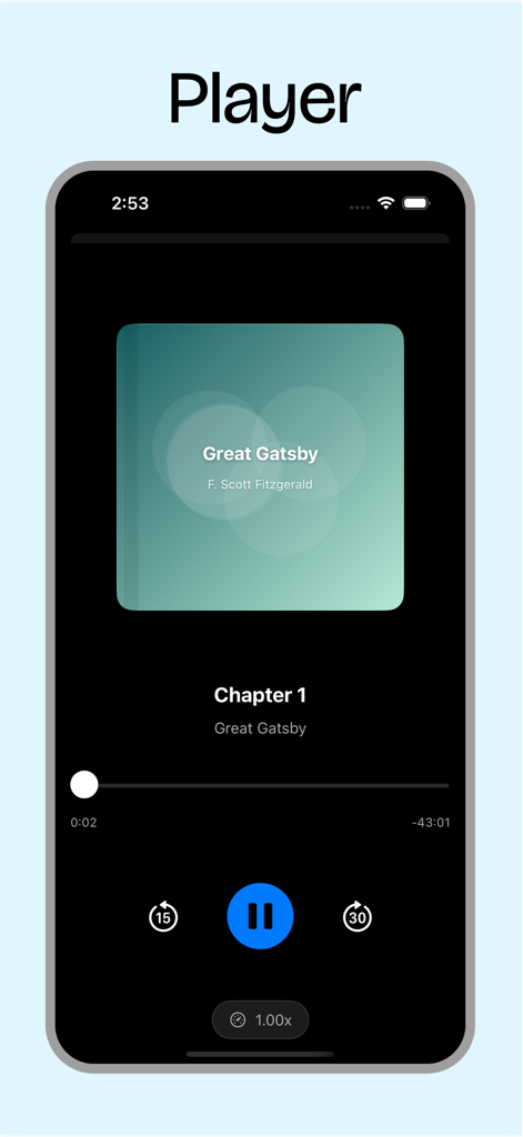 LibriVox! - Interfaz del reproductor de audiolibros de la aplicación LibriVox mostrando los controles de reproducción para El Gran Gatsby de F. Scott Fitzgerald