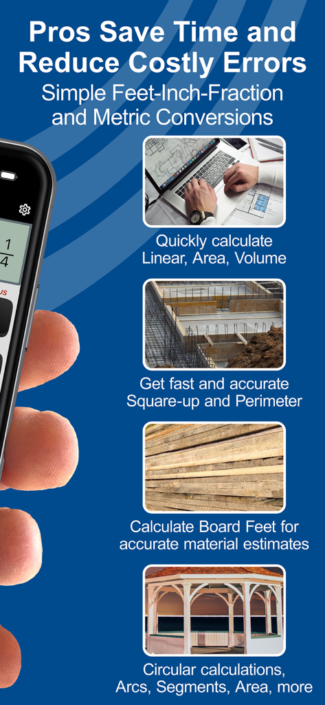 Measure Master Pro Calculator - Infographic showing professional construction calculation features like feet-inch-fractions, board feet, and area measurements