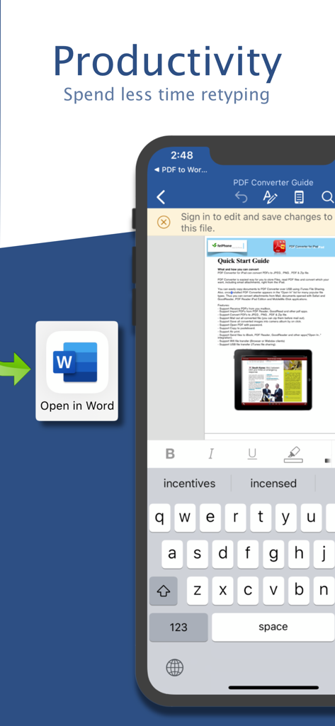 Interface showing a converted document with an option to open it in Microsoft Word on a mobile device