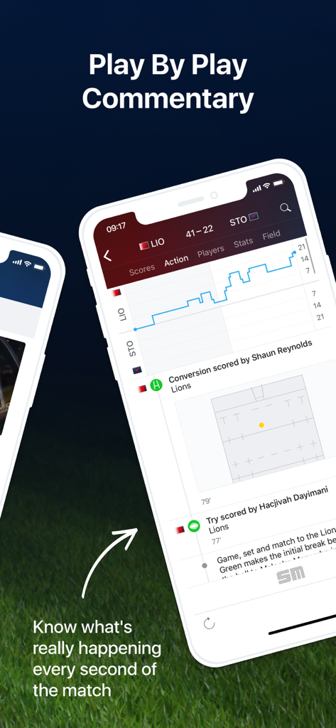 Un'interfaccia di app mobile che visualizza commenti play-by-play in tempo reale e un grafico sull'andamento del punteggio per una partita di rugby.