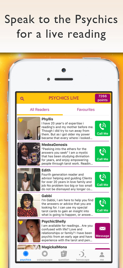 A interface do aplicativo Psíquicos ao Vivo exibindo uma seleção de leitores profissionais de psíquicos e tarot disponíveis para consulta.