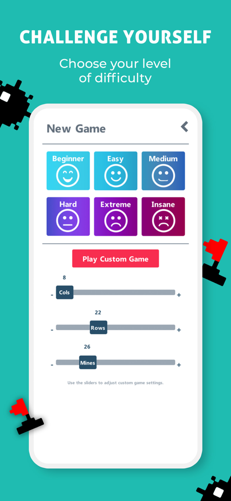 Minesweeper Go New Game menu showing difficulty levels from Beginner to Insane and custom game sliders