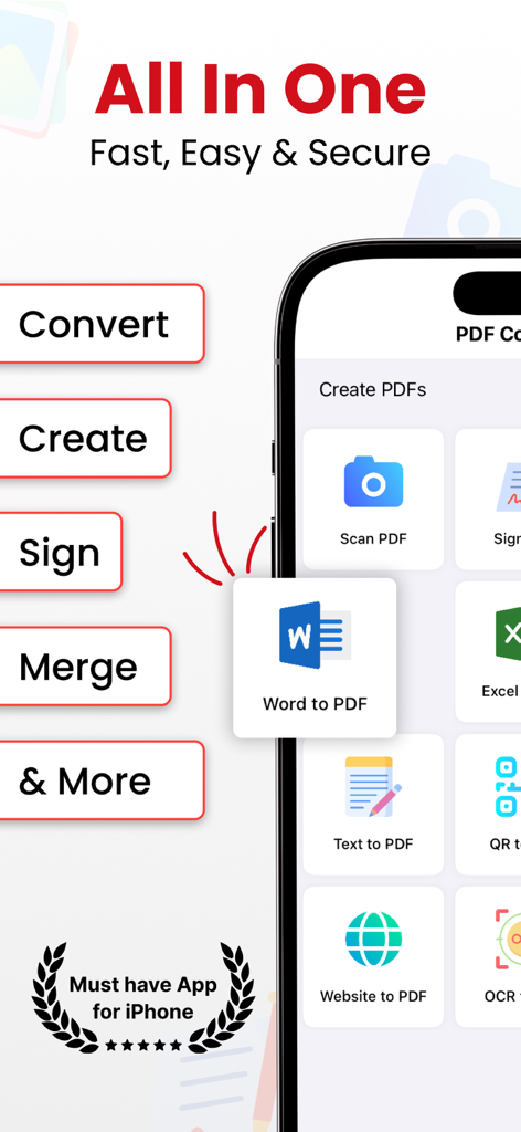 Interfaccia dell'app Convertitore da Word a PDF su iPhone che mostra le funzionalità di gestione documenti