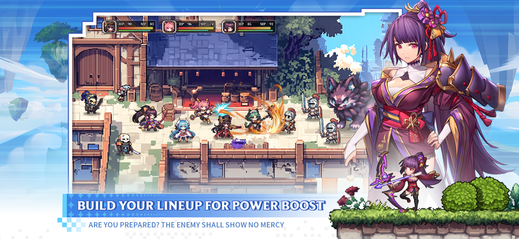 Isekai Saga: Awaken - Isekai Saga Awaken mobile game screenshot showing pixel art battle and anime character art.