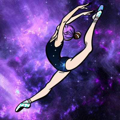 gymnast doing a leap in a leotard with a bent back leg