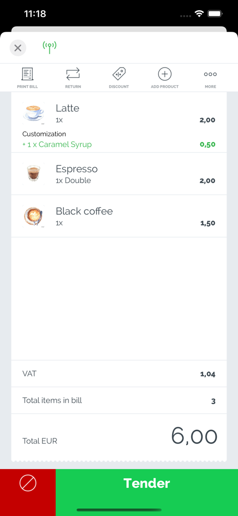 Pantalla de pago de Extenda GO TPV mostrando una lista de artículos de café y el saldo total en un iPhone